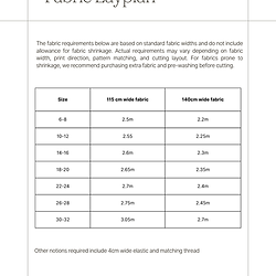 size chart for elasticated trousers sewing pattern