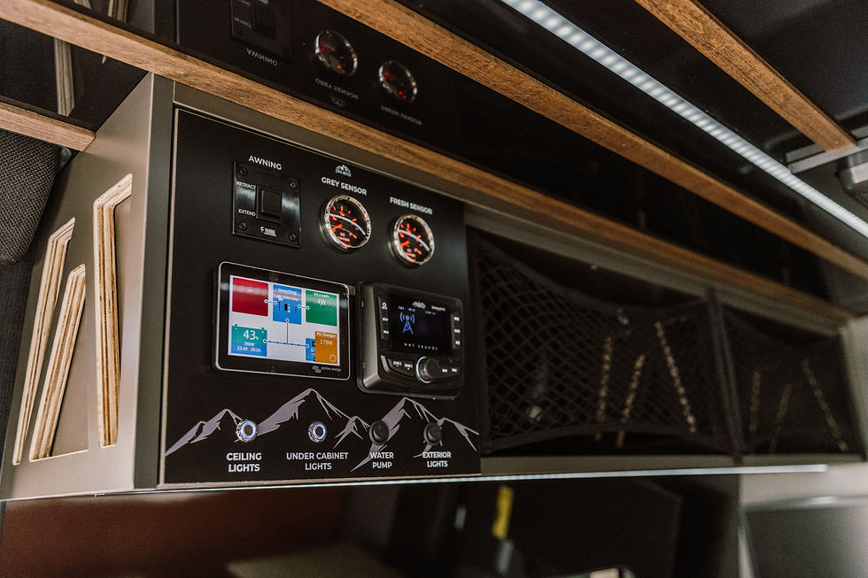 27North adventure van interior showing electrical system powering appliances and lights.