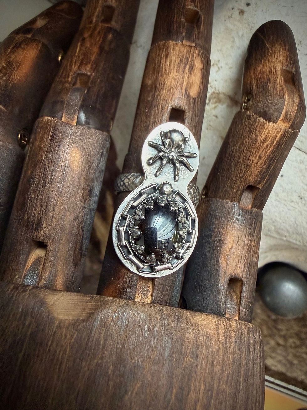 Thumbnail: Sterling Silver and Hematite Spider Queen Chain Ring