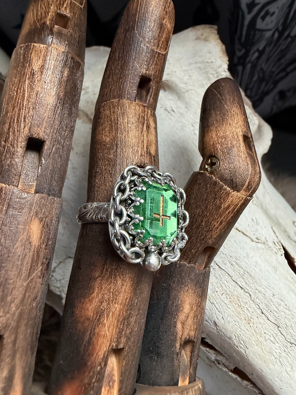 Thumbnail: Sterling Silver and Green Glass Intaglio Cross Saints Ring