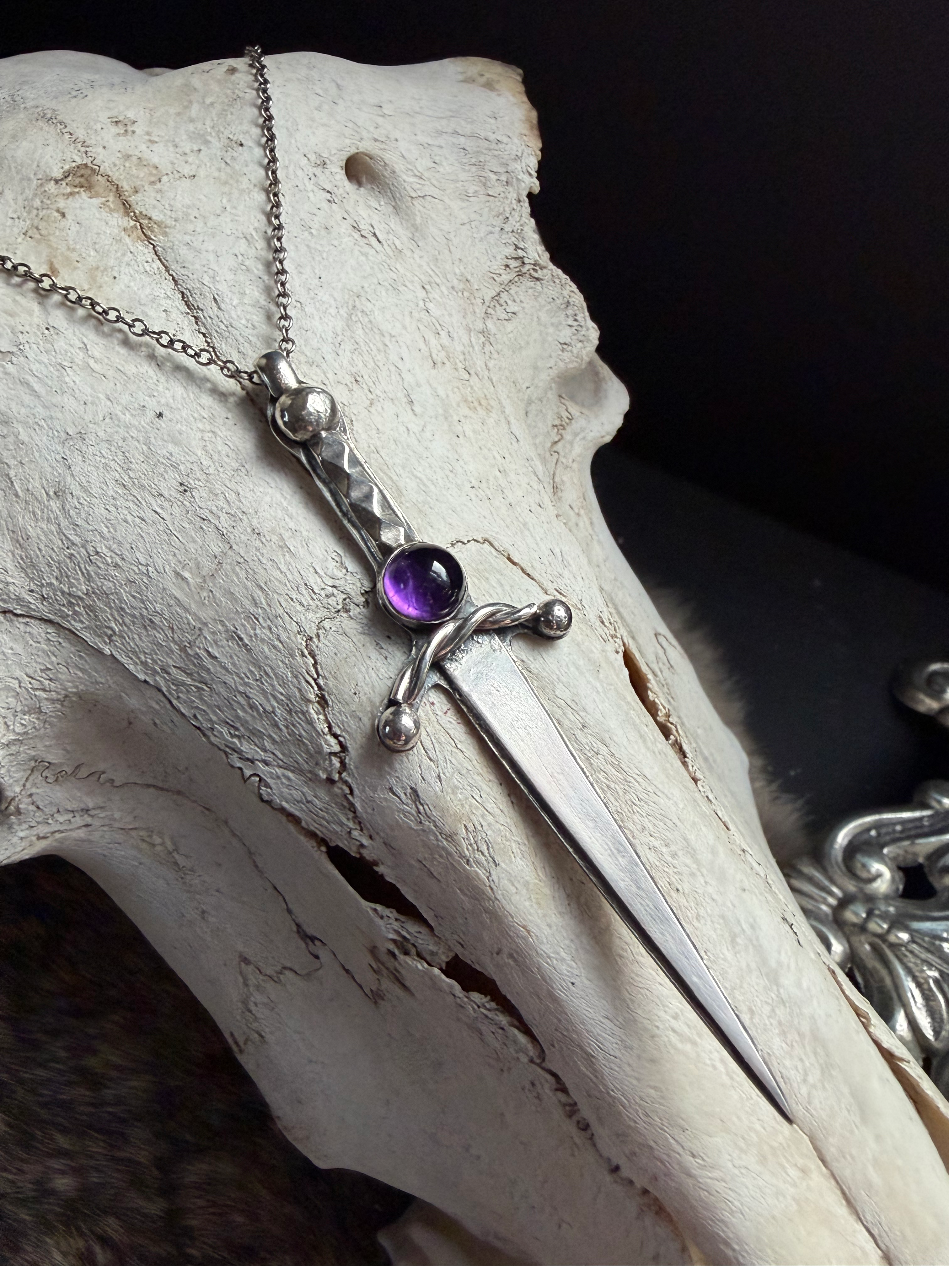 Sterling Silver and Amethyst Bellona Sword Necklace 