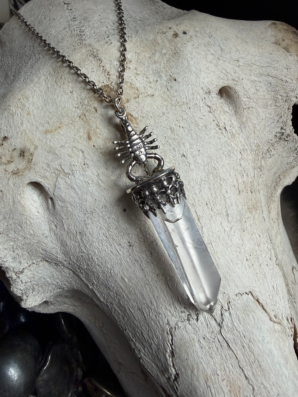 Thumbnail: Sterling Silver and Quartz Crystal Scorpion Moon Necklace