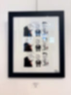 Framed cartoon of Trump and Elon Musk in three panels with captions, on a white gallery wall; label reads Trump & Elon 3 Panel