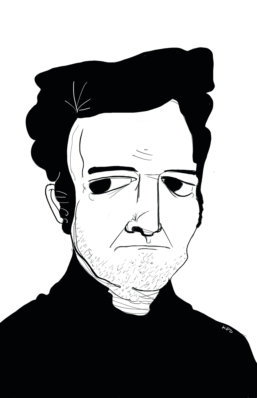 Black-and-white sketch of a serious man with dark hair and stubble on a plain white background, signed KPD.