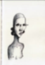 Ink sketch of a stern abstract female portrait with large earrings on a blank white page.