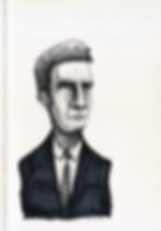 Ink sketch of a man in a suit and tie on white paper, with a small handwritten signature at the bottom.
