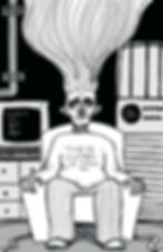 Somber man in a lab chair with cables streaming upward from his head, surrounded by monitors; shirt reads THE FUTURE IS NOW.