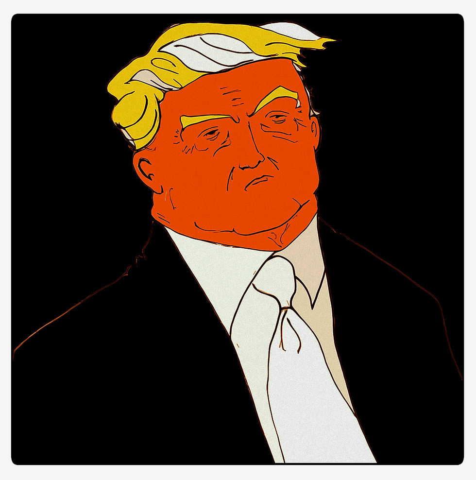 Stylized portrait of Donald Trump with orange face and blond hair in a black suit and white tie on a black background