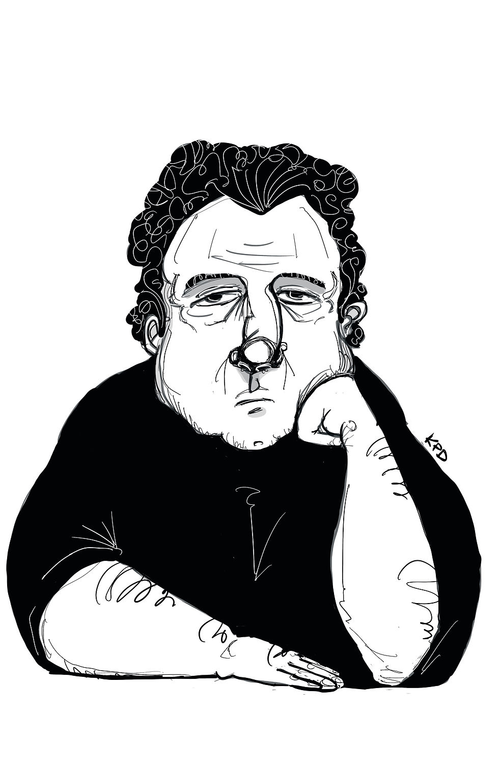 Black-and-white sketch of a pensive man resting his head on his hand, with curly hair.