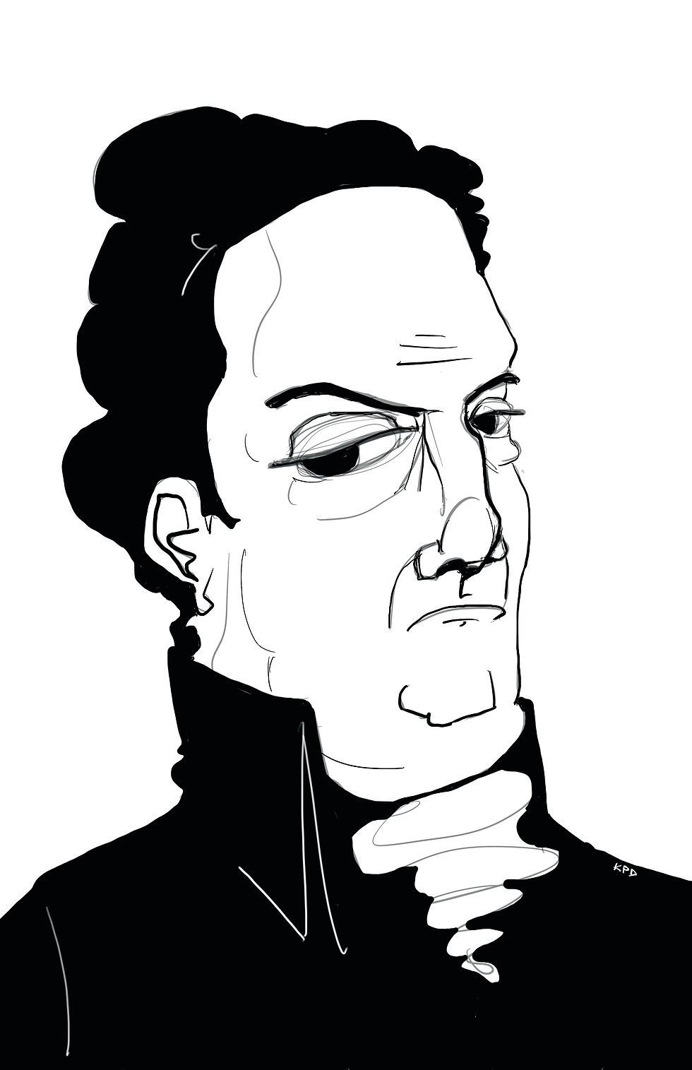 Black-and-white sketch portrait of a serious-looking man in profile, with dark hair and a suit; small KPD signature at bottom right.