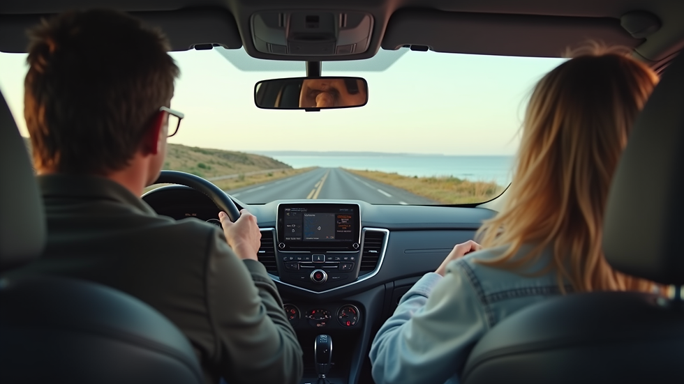 Eye-level view of a driving instructor and learner in a car on a coastal road