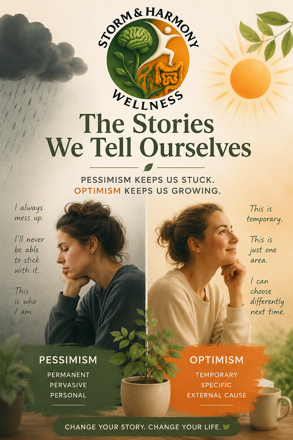 Illustration comparing optimistic and pessimistic explanatory styles, showing how people interpret positive and negative events as permanent or temporary, pervasive or specific, and internal or external.