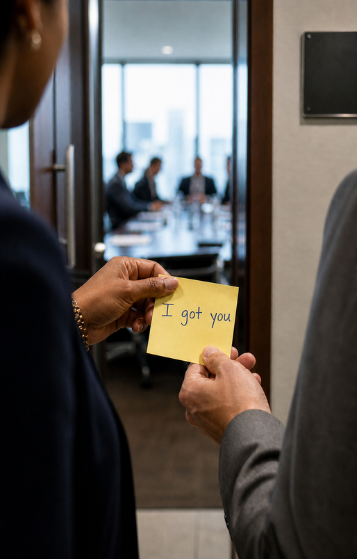 Two leaders exchange a yellow sticky note reading “I got you” outside a board meeting. A navy banner asks, “Who’s got your back?”
