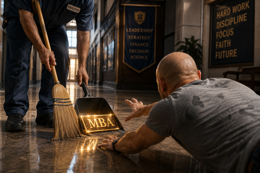 A photorealistic scene in a bright institutional hallway shows a janitor sweeping a glowing gold plaque labeled “MBA” into a dustpan. In the foreground, a bald man, seen only from behind, lies stretched across the polished floor, reaching desperately toward the plaque. His sweat-soaked shirt and outstretched hand suggest years of effort just as the achievement appears to be slipping away. The contrast between the janitor's routine task and the man's urgency creates a powerful visual metaphor about perseverance, preparation, and opportunities that can seem lost just as they come within reach.