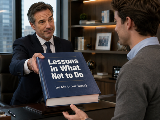 A well-dressed manager hands a younger employee a large navy book titled “Lessons in What Not to Do, by Me (your boss)” across an office desk.