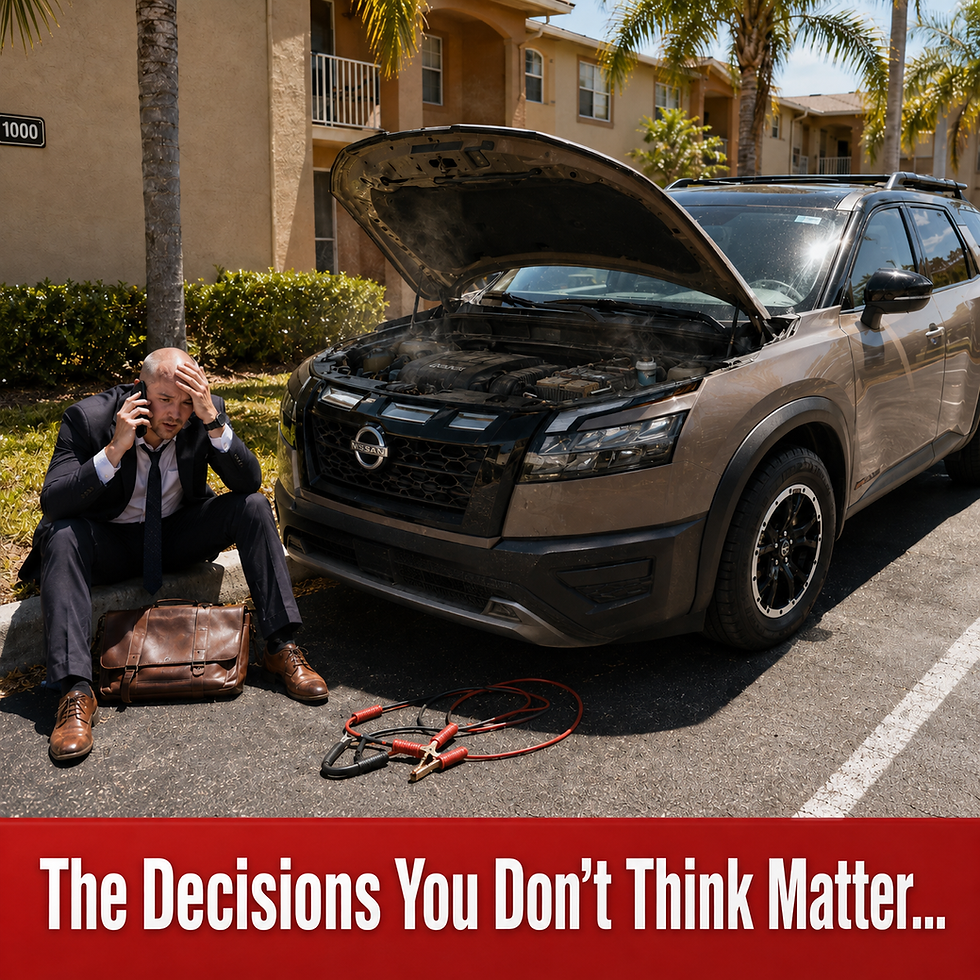 A stressed young businessman sits on a curb making a phone call beside a tan Nissan Pathfinder with its hood raised in a hot Florida apartment parking lot. Jumper cables and a brown leather messenger bag lie nearby. A red banner reads, “The Decisions You Don’t Think Matter…”