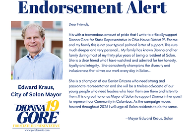 Mayor Kraus of Solon Endorsement for Dionna Gore