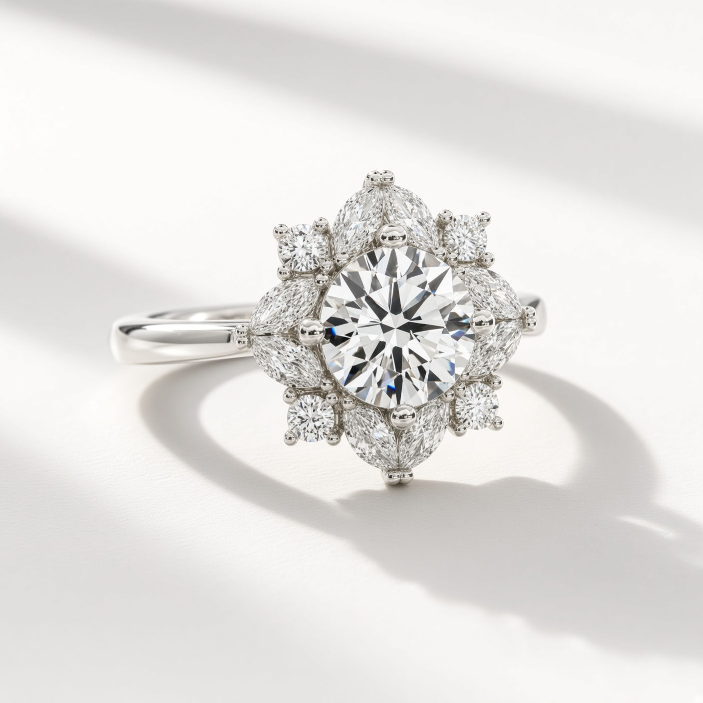 Round Brilliant Diamond Halo Ring in Platinum Plated Silver