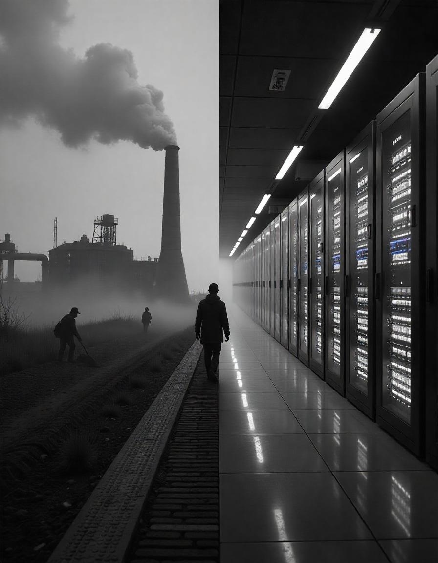 Imagem gerada por IA a partir e prompts simples para comparaçõa da Revolução Industrial com a Revolução da IA, ambas centradas na exploração humana.