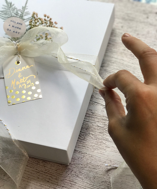 a beautiful wedding gift box with live wedding illustrations inside