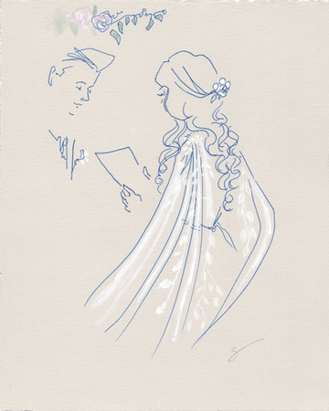 Live wedding illustration of a Couple exchanging wedding vows. The bride is wearing a long lace veil and has curly hair. Pen and watercolor live illustration