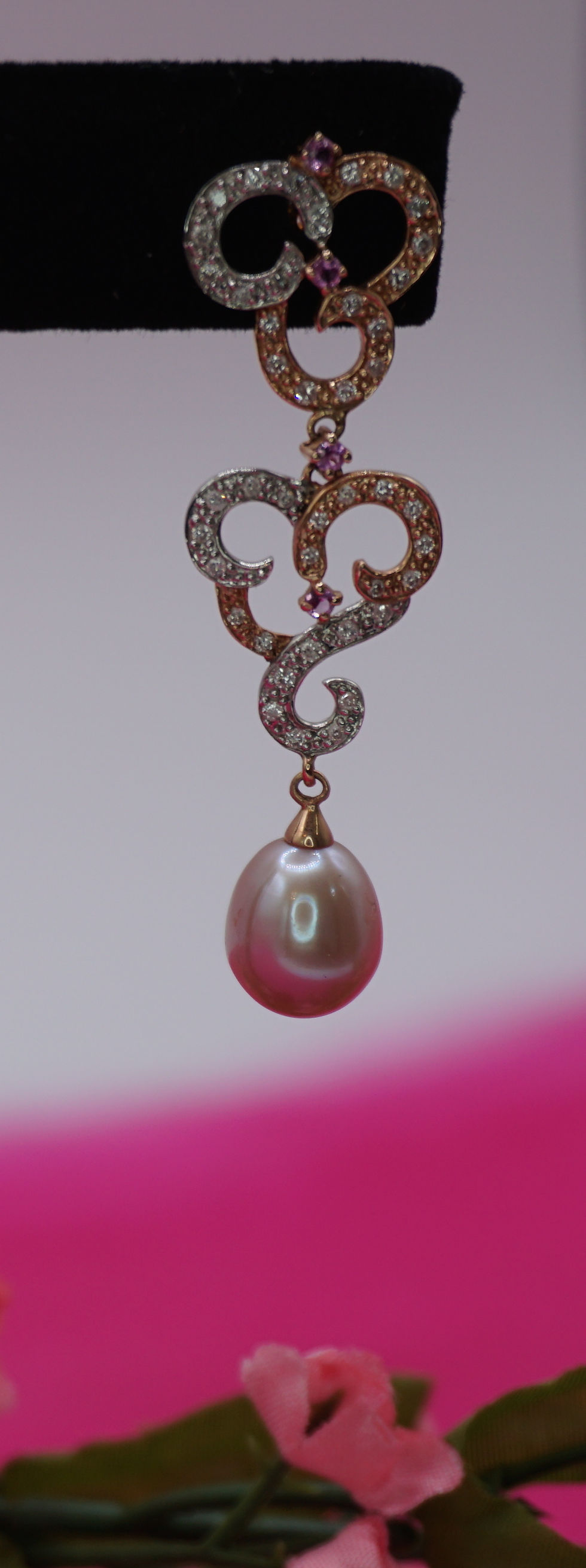 Thumbnail: 14 K White and Rose Gold Pearl Drop Earrings with Diamond and Pink Sapphire