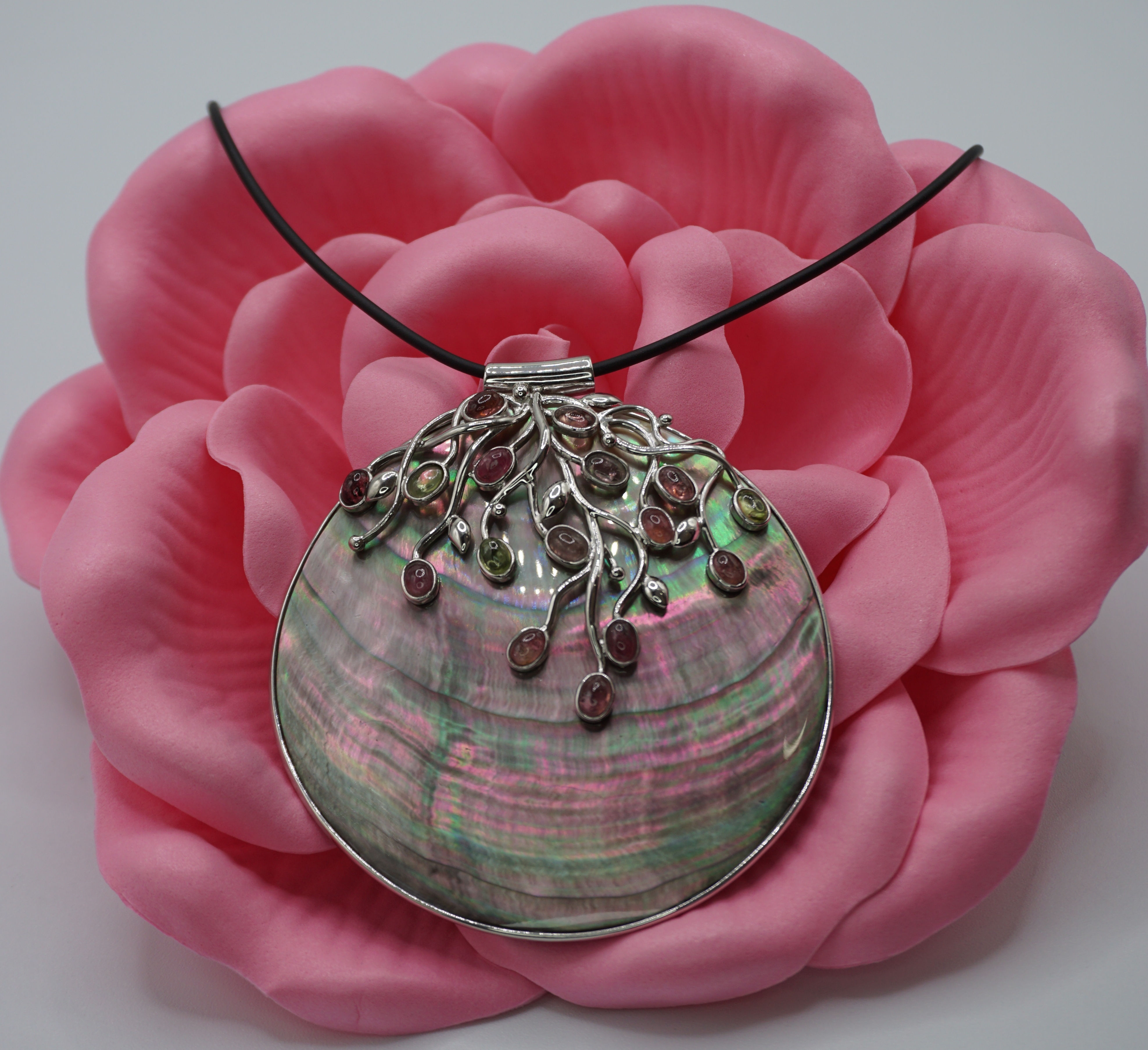 Multi Color Gemstone and Black Mother of Pearl Pendant with a Leather Cord