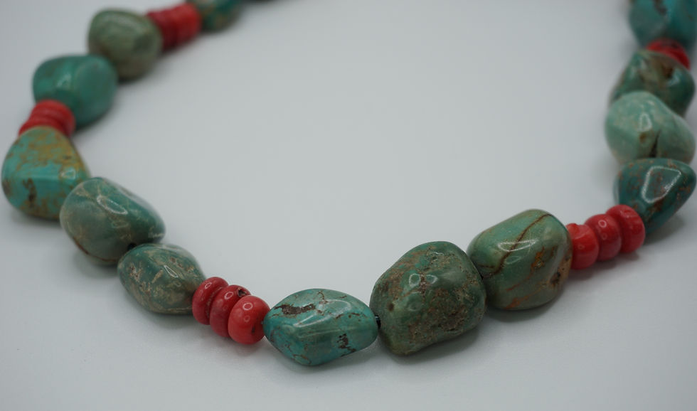 Thumbnail: Free Form Nugget Turquoise and Red Coral Necklace
