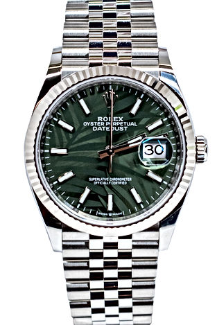 36mm Stainless Steel Rolex Datejust with a palm olive green dial on a jubilee band