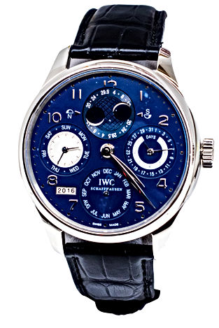 44mm 18K White Gold IWC Portuguese Perpetual Calendar on a black crocodile leather band