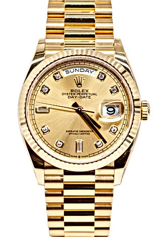 36mm 18K Yellow Gold Rolex Day-Date with champagne diamond dial
