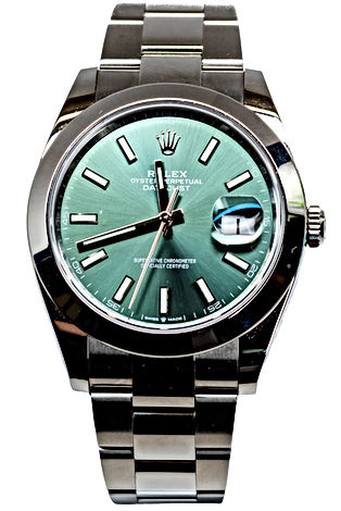 41mm Stainless Steel Rolex Datejust with a green dial on an oyster band