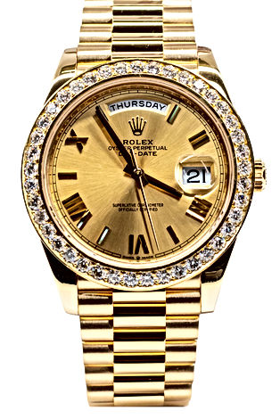 40mm 18K Yellow Gold Rolex Day-Date with a champagne dial, diamond bezel on an oyster band