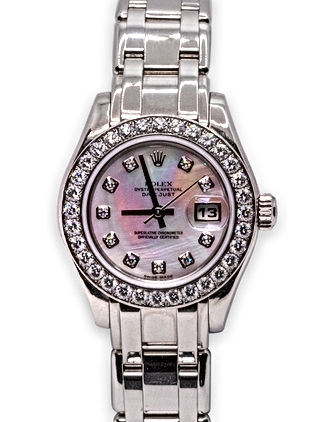 29mm 18K White Gold Rolex Pearlmaster with a mother of pearl dial and diamond bezel