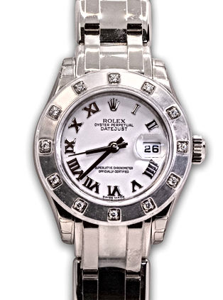 29mm 18K White Gold Rolex Pearlmaster with a 12 diamond bezel