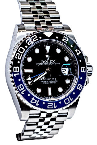 40mm Stainless Steel Rolex GMT Master II with a black dial and black and blue bezel on a jubilee band