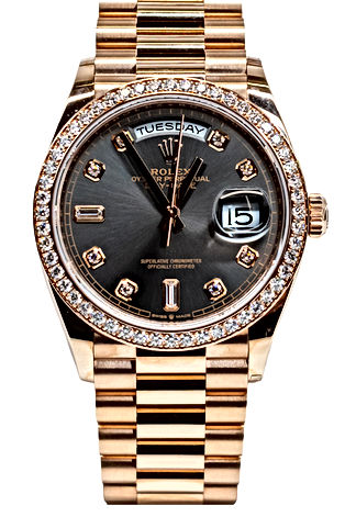 36mm 18K Rose Gold Rolex Day-Date with a charcoal gray diamond dial with a diamond bezel