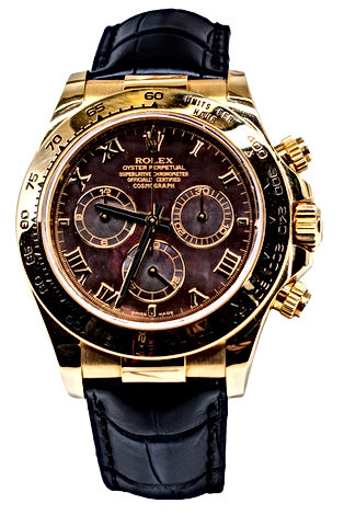 40mm Rose Gold Rolex Daytona on a black leather band