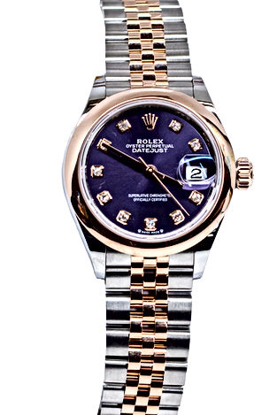 28mm Two-Tone Stainless Steel and Rose Gold Datejust with a purple diamond dial on a jubilee band