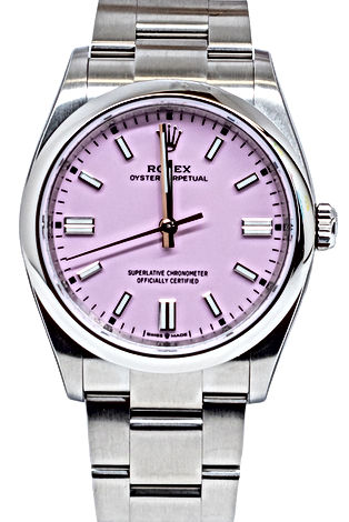 36mm Stainless Steel Rolex Oyster Perpetual with a pink face on an oyster band