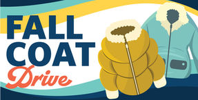 Fall Coat Drive poster with two puffy winter coats and bold navy and orange text on a teal, white, and gold background.