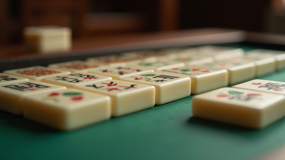 Eye-level view of a Mahjong set with colorful tiles arranged on a table