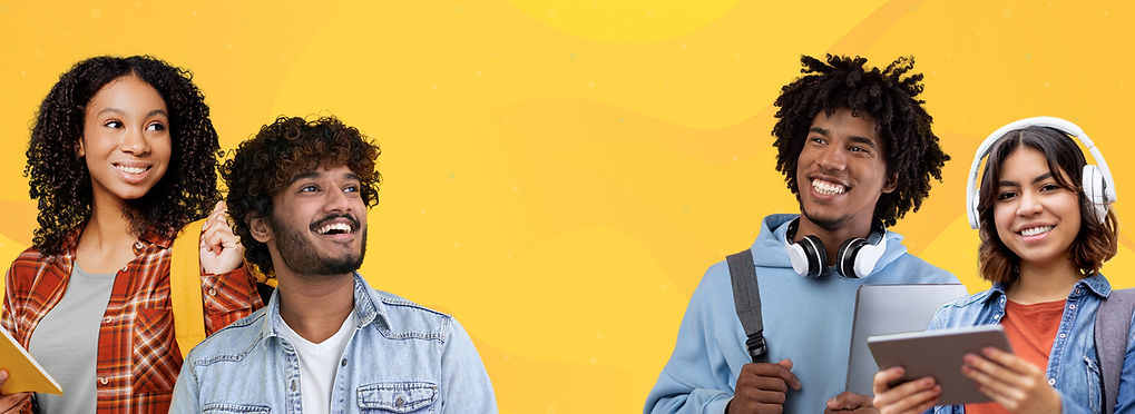 Diverse group of students smiling together with books and electronic devices.