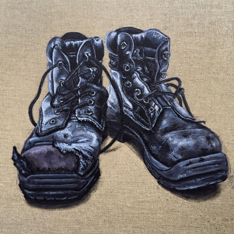 A pair of worn, torn army boots painted in acrylic on natural linen canvas. The left boot is visually damaged, symbolising hardship, conflict and emotional resilience. Painted by Olivia Nicholls Bates.