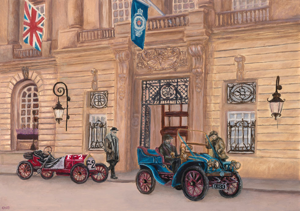 An acrylic painting of the Veteran Car Run, outside the Royal Automobile Club in Pall Mall, London. Featuring vintage cars and clothing. Painted by narrative artist, Olivia Nicholls Bates.