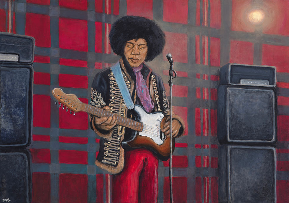 An acrylic painting of Jimi Hendrix performing at the Scotch Club of St James, London. Painted by narrative artist, Olivia Nicholls Bates.