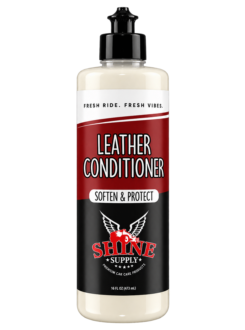 Shine Supply Leather Conditioner bottle to soften & protect.
