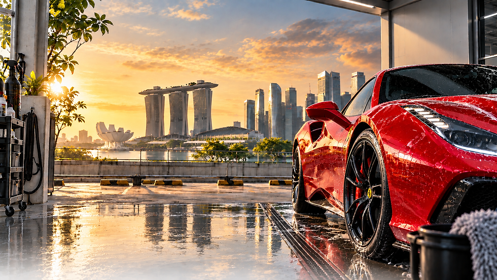 Red sports car at Wetdog LLP with Singapore skyline.