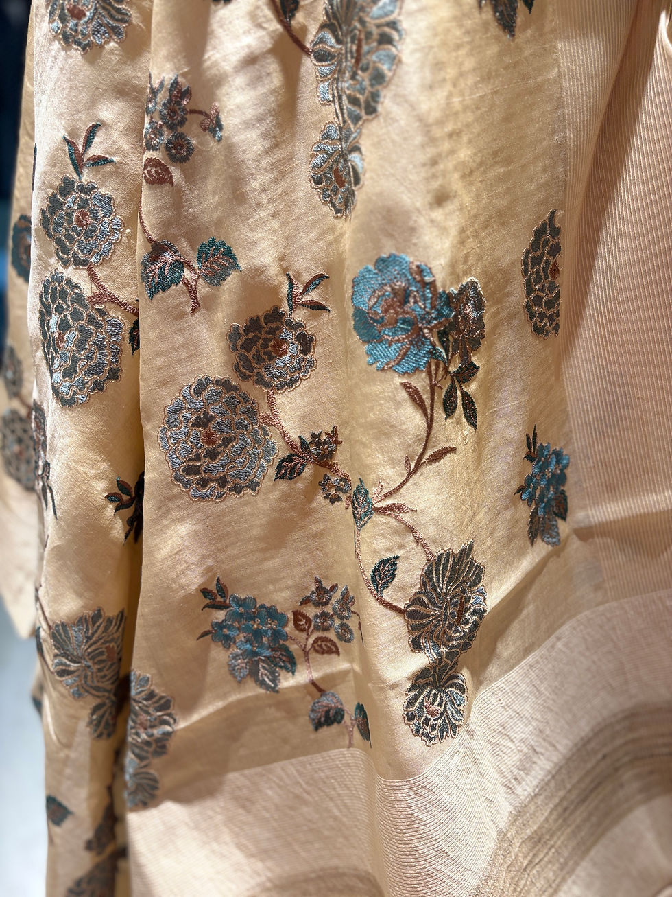 Thumbnail: Summer Whispers - Ivory Beige Tussar Silk Teal Embroidery