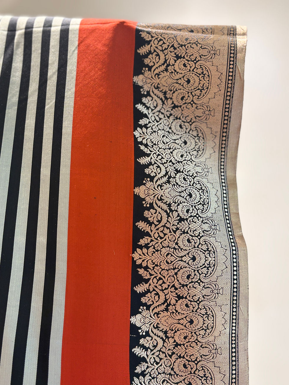 Thumbnail: Rani Collection- Black Stripes & orange Satin Silk